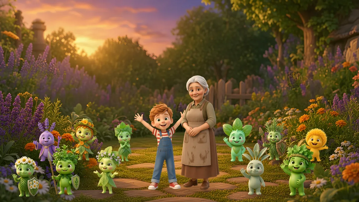 Martin streckt fröhlich die Arme hoch und steht mit Oma Liesel in ihrem blühenden Kräutergarten. Um die beiden herum lachen die Kräuterlinge, zum Beispiel der lila Lavendula und der gelbe Löwi, zwischen Lavendel und Ringelblumen im warmen Abendlicht.